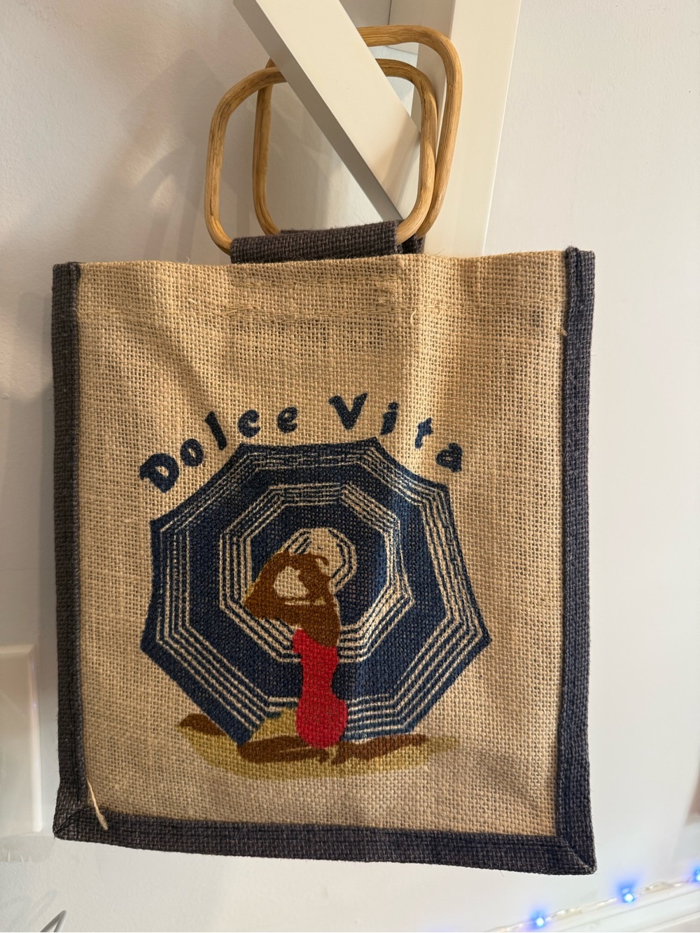 Source Unknown Beige Jute Tote with Navy Trim and Multicolor Embroidery - Picture 2 of 9